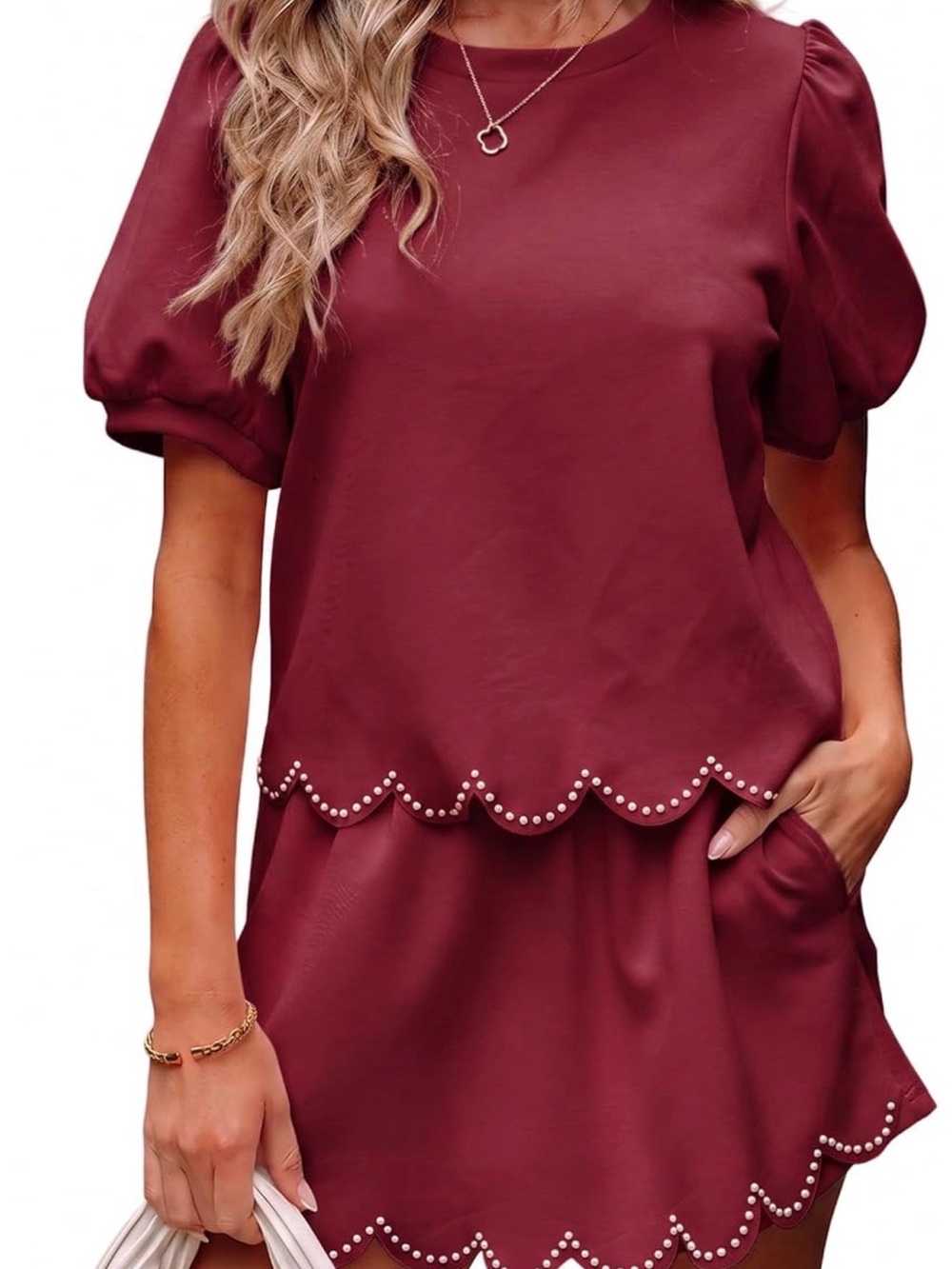Women's Burgundy Scallop Hem Puff Sleeve matching set